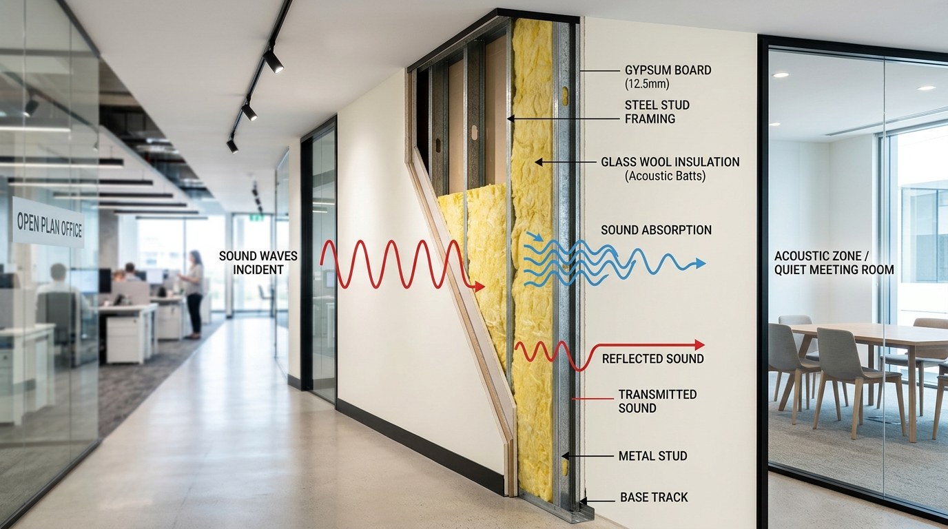 Glass wool insulation reducing noise transmission between open plan office and acoustic meeting room